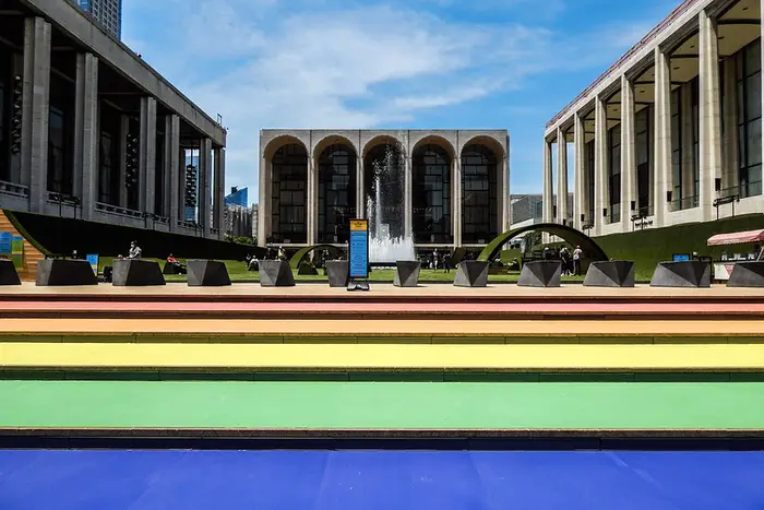 the steps in front of Lincoln Center are painted rainbow for PRIDE